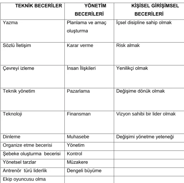 Tablo 1.3  GiriĢimcilik Beceri Tablosu 