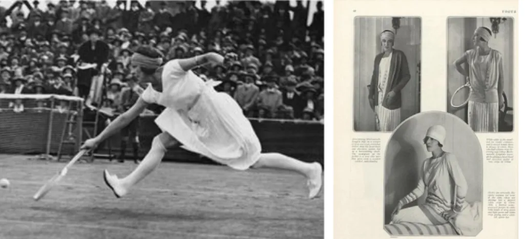Figure 5-6. Tennis player Suzanne Lenglen with the first Patou design, 1921 [10].   Suzanne Lenglen with Jean  Patou design sportswear [25]