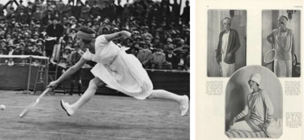 Figure 5-6. Tennis player Suzanne Lenglen with the first Patou design, 1921 [10].   Suzanne Lenglen with Jean  Patou design sportswear [25]