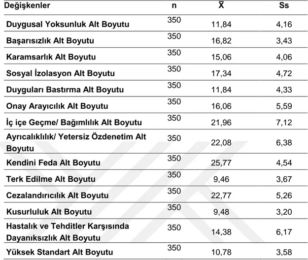 Tablo 4.5. Young Şema Ölçeği ve Alt Boyutlarının Aldıkları Puanların Betimsel  İstatistikleri 