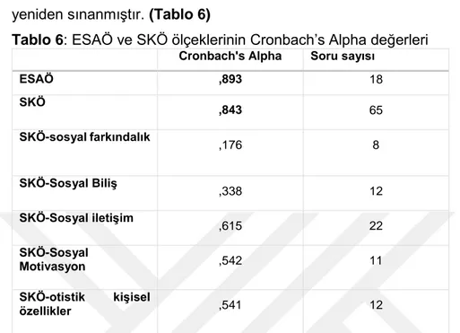 Tablo 6:  ESAÖ ve SKÖ ölçeklerinin Cronbach’s Alpha değerleri 