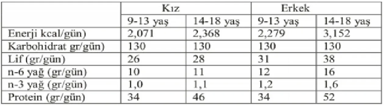 Tablo 2.1. Kız Ve Erkek Adölesanlar İçin Günlük Alınması Gereken Besin  Miktarları  