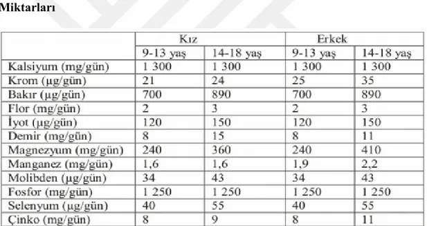 Tablo 2.3. Kız Ve Erkek Adölesanlar İçin Günlük Alınması Gereken Mineral  Miktarları 