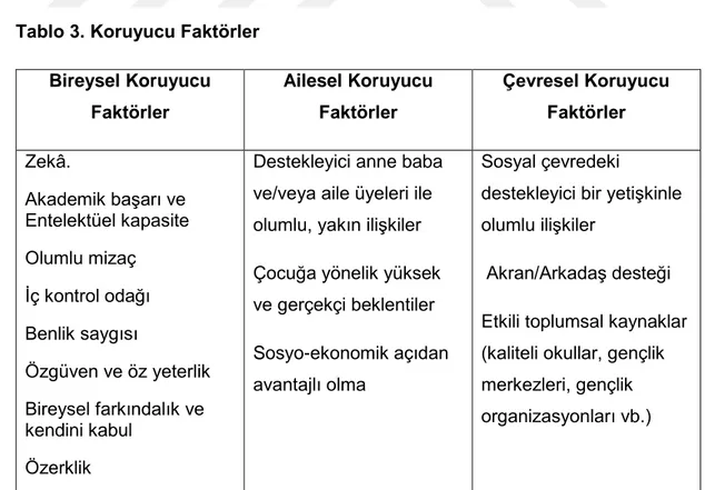 Tablo 3. Koruyucu Faktörler  Bireysel Koruyucu  Faktörler  Ailesel Koruyucu Faktörler  Çevresel Koruyucu Faktörler  Zekâ