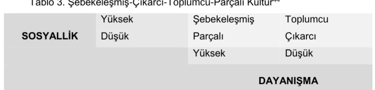 Tablo 3. Şebekeleşmiş-Çıkarcı-Toplumcu-Parçalı Kültür 44