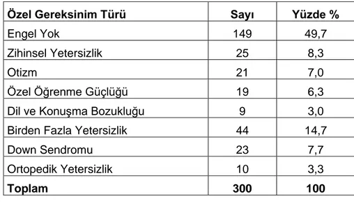 Tablo 8:  Özel Gereksinim Türüne Göre Dağılım  