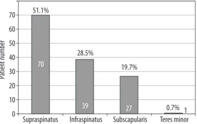 Figure 2. Location and distribution of calcific tendinopathy in rotator cuff  tendons 706050403020100