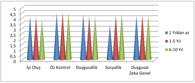 Şekil 12: Katılımcıların Duygusal Zeka Düzeylerinin bulunulan yerde çalışma  süresine Göre Ortalamaları 