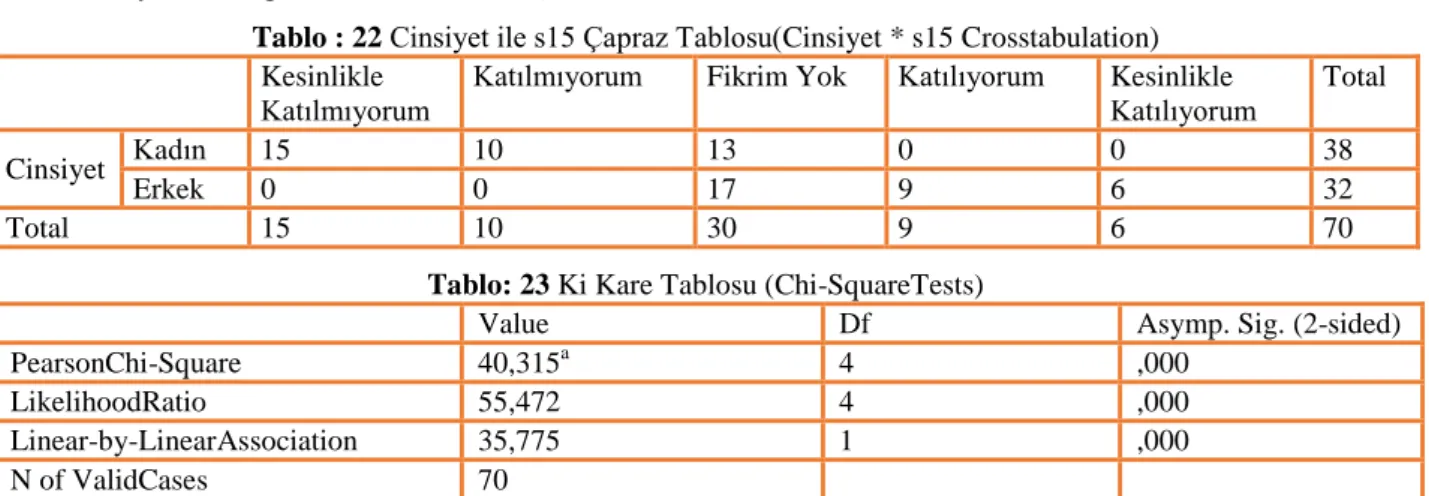 Tablo : 22 Cinsiyet ile s15 Çapraz Tablosu(Cinsiyet * s15 Crosstabulation) 