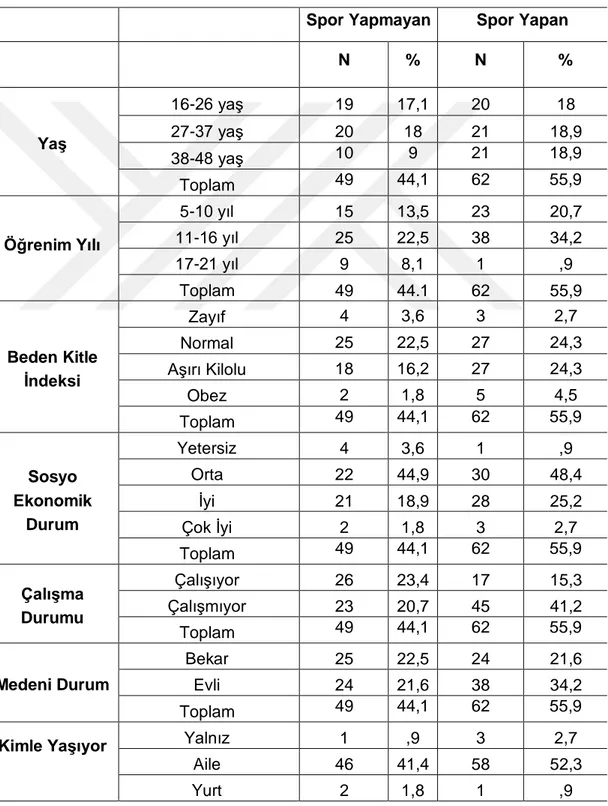 Tablo 4.1:  Araştırmaya Katılan Kişilerin Çeşitli Değişkenlere İlişkin Dağılımı (n=111) 