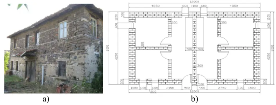 Figure 2:  a)  Photo and ground floor plan of stone masonry house in the  Edirne region