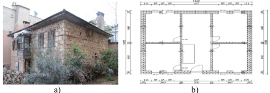 Figure 5:  a) Stone masonry structure in the Antalya region. b) Plan of ground  floor of structure