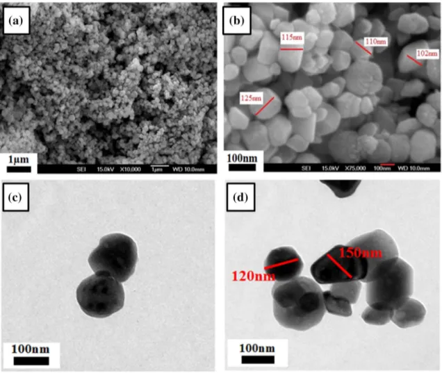 Fig. 2   SEM micrographs (a, b) and TEM micrographs (c, d) of hydrothermally synthesized  ɑ-Fe 2 O 3  nanoparticles