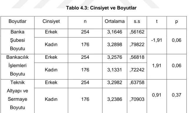 Tablo 4.3: Cinsiyet ve Boyutlar 