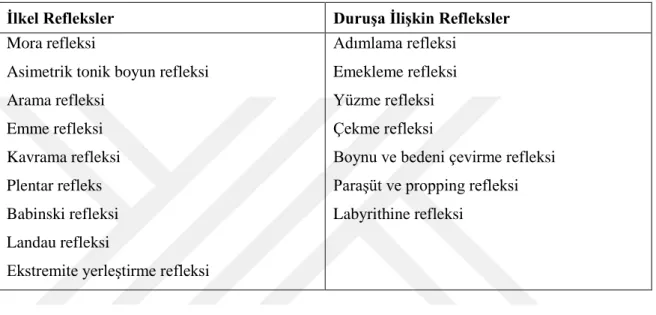 Tablo 2.2. Refleks sınıflaması 