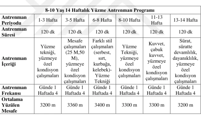 Tablo 3.1. Yüzme antrenman tablosu 