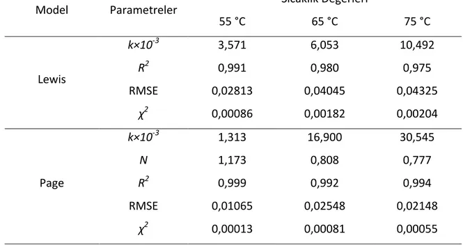 Çizelge 4.2 Mandalinaların vakum kurutma metoduna göre hesaplanan model ve  istatiksel parametreleri 