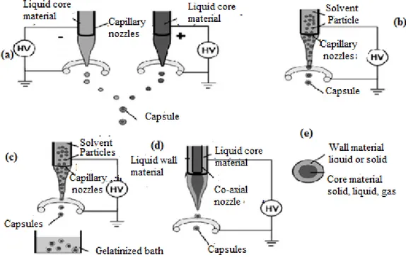 Figure 2.11 Schematic representation of electroencapsulation techniques; the interaction  of two oppositely charged droplets (a), evaporation of the solvent and electrospray 