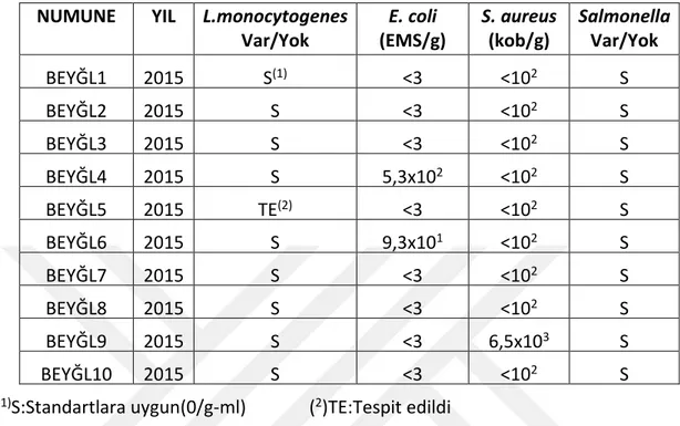 Çizelge 5.4 Beyoğlu ilçesi numune mikrobiyolojik analiz sonuçları  NUMUNE  YIL  L.monocytogenes 