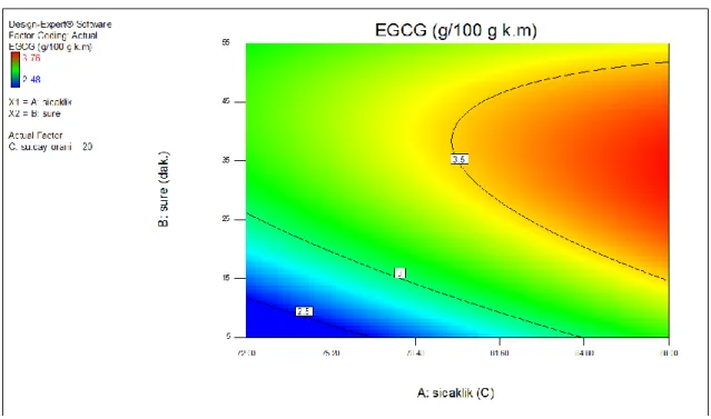 Şekil 4.1 Klasik ekstraksiyonda EGCG miktarının sıcaklık ve süreyle değişiminin contour  grafik gösterimi 