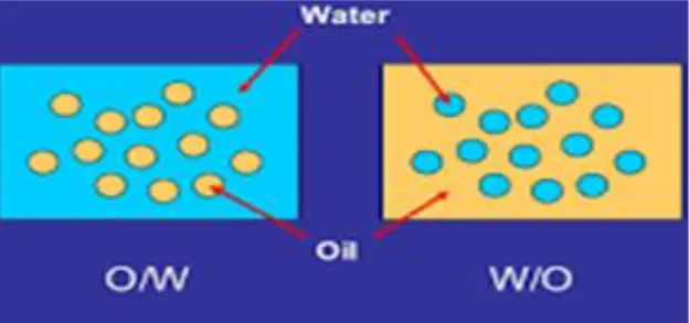Şekil 2.1  Su içinde yağ  (W / O) emülsiyonu ve yağ içinde su (O / W) emülsiyonu şeması  Sürekli ve disperse faz yanında bu iki fazı ayıran ara yüzey bölgesi bulunmaktadır