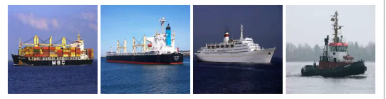 Figure 2.8: Some samples of MARVEL dataset. Superclasses from left to right;  container ship, bulk carrier, passenger ship, tug 