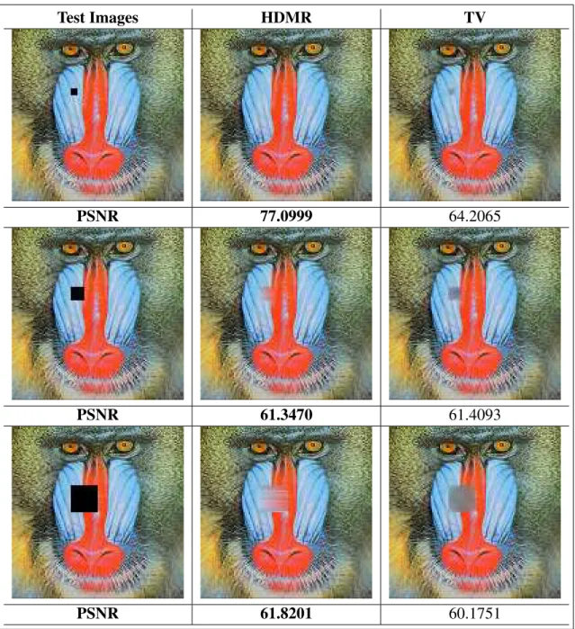 Figure 3.11: Visual results with their corresponding PSNR values for Test image 3.7(c) with 5 × 5, 10 × 10 and 20 × 20 missing regions (from top to bottom respectively) for our proposed method and TV inpainting method