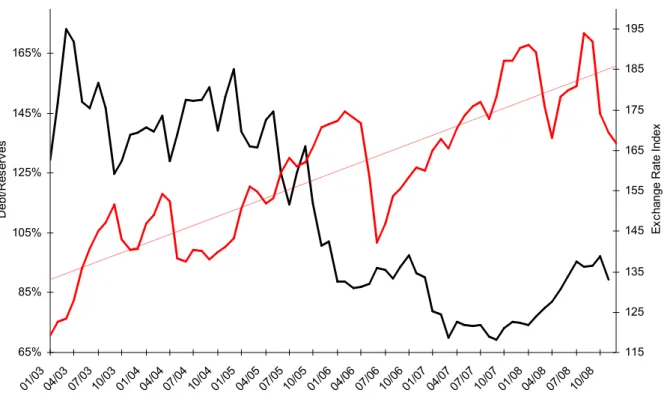 Figure 6 CPI-based Real Exchange Rate and the Ratio of Total Short Term Debt to International Reserves  65%85%105%125%145%165% 01 /0 3 04 /0 3 07 /0 3 10 /0 3 01 /0 4 04 /0 4 07 /0 4 10 /0 4 01 /0 5 04 /0 5 07 /0 5 10 /0 5 01 /0 6 04 /0 6 07 /0 6 10 /0 6 0