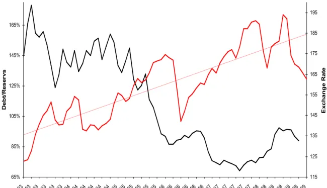 Figure 5 CPI-based Real Exchange Rate and the Ratio of Total Short Term Debt to International  Reserves  65%85%105%125%145%165% 02 -0 3 04 -0 3 06 -0 3 08 -0 3 10 -0 3 12 -0 3 02 -0 4 04 -0 4 06 -0 4 08 -0 4 10 -0 4 12 -0 4 02 -0 5 04 -0 5 06 -0 5 08 -0 5 