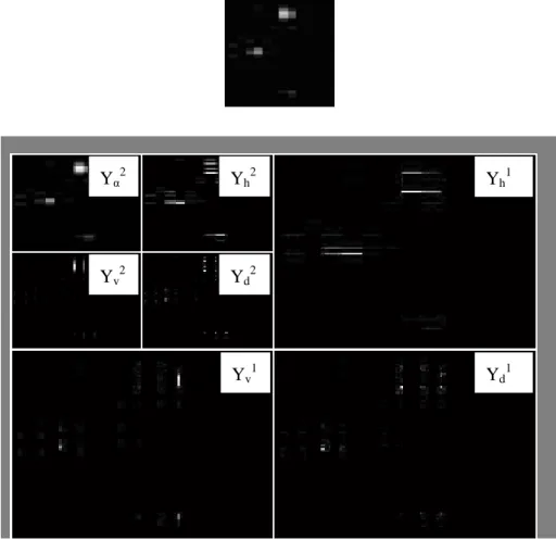 Figure 2.4: Two-Level DWT Lung Tomographic Image a) Region of Interest (ROI) Image  b) DWT application  to ROI Image Yα2Yh2Yv2Yd2 Y h 1Yv1Yd1