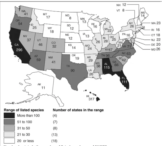 Figure 10:  Number of Listed Threatened and Endangered Species by State,  as of March 2003