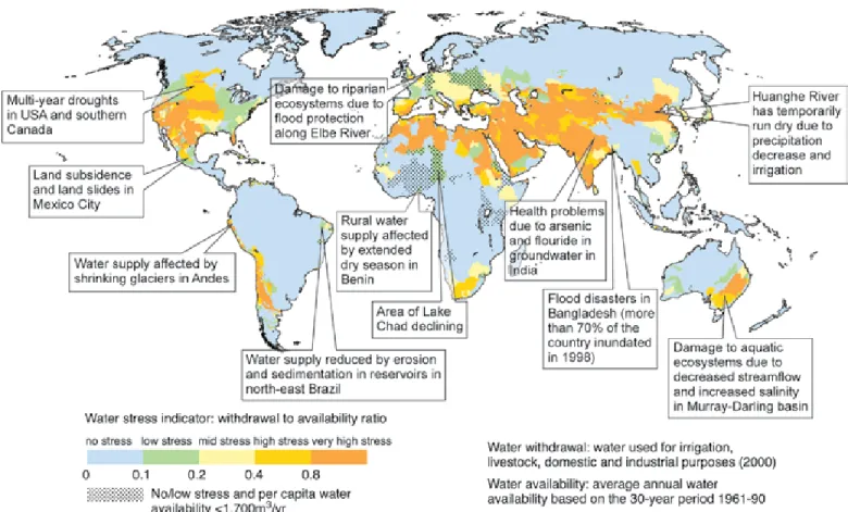 Figure 1.1: Examples of current vulnerabilities of freshwater resources and their management; in the background, a water  stress map based on WaterGAP (Alcamo et al., 2003a)