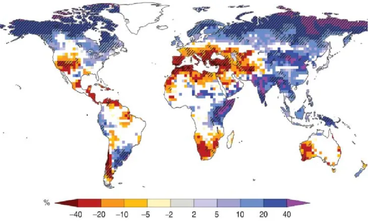 Figure 2.10: Large-scale relative changes in annual runoff for the period 2090–2099, relative to 1980–1999
