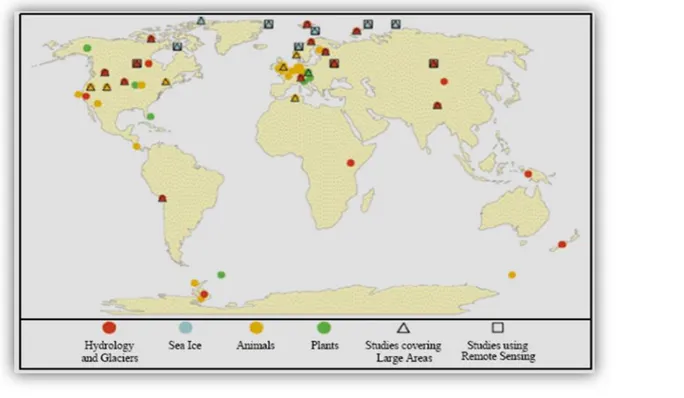 Figure  2.3:  Locations  At  Which  Systematic  Long-Term  Studies  Meet  Stringent  Criteria  Documenting Recent Temperature-Related Regional Climate Change Impacts On Physical  And Biological Systems