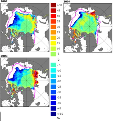 Figure 3.5 Sea ice conditions for September 2002, 2003, and 2004, derived from the Sea Ice  Index (National Snow and Ice Data Center web site, 2006) 