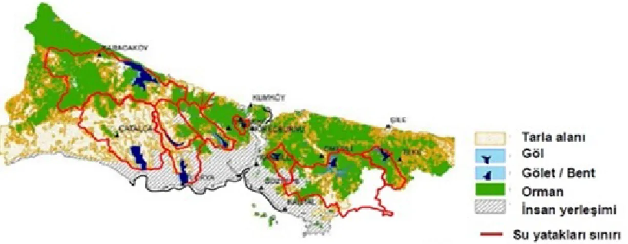 Şekil 2.2’de İstanbul coğrafyasının  şematik anlatımında görüldüğü gibi yerleşim  alanları güneyde Marmara sahili ve boğaz çevresinde yoğunlaşmakta, kuzeye doğru ise  orman alanları, su kaynakları ve tarım alanları ile kaplı yerleşime uygun olmayan  (kısme