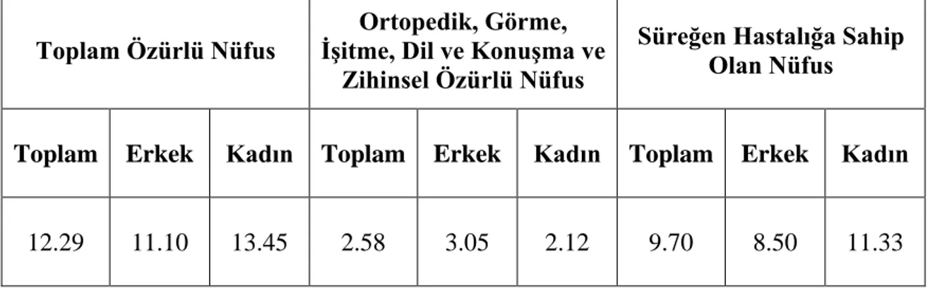 Tablo 2.1: Türkiye’de Özürlü Nüfus Oranları (%) (Toplu 2009, s.39). 