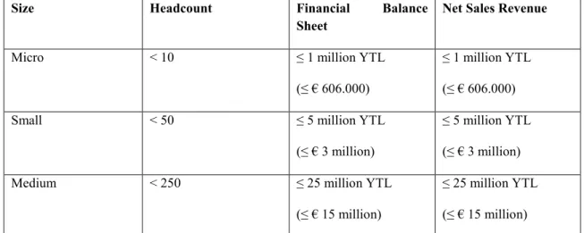Table  2.5  :    SME  definition  of  Turkey  adapted  to  EU’s  (with  respect  to  the  regulation) 