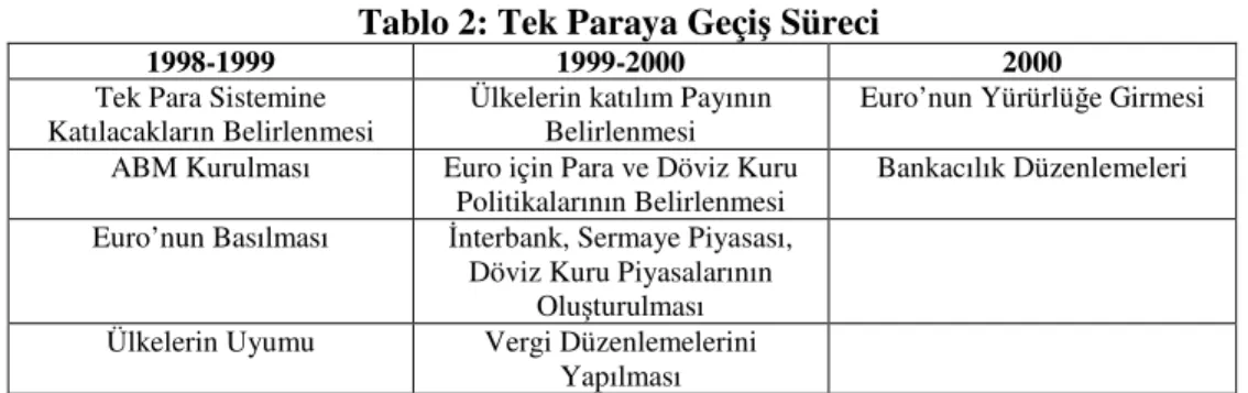 Tablo 2: Tek Paraya Geçiş Süreci 
