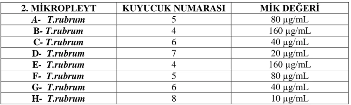 Tablo 4.2. Kurkumin ekstratı 2. mikropleyt MĠK değerleri 