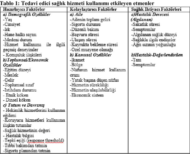 Tablo 1: Tedavi edici sağlık hizmeti kullanımı etkileyen etmenler  