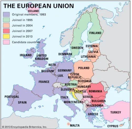 Şekil 1.1 Avrupa Birliği’ne üye olan ve aday ülkeler (Britannicca, 2019). 
