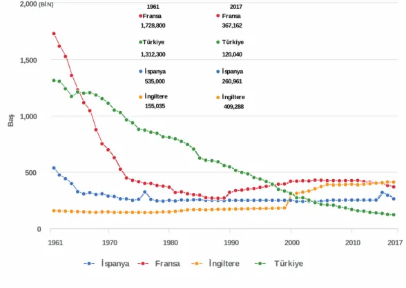 ġekil  1.1.  Bazı  Avrupa  ülkelerinin  1961-2017  Yılları  Arasındaki  At  Varlıklarına  Ait  KarĢılaĢtırmalı Grafiği (FAO, 2019)