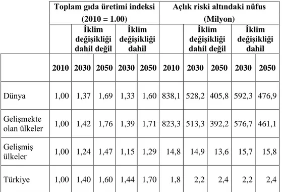 Çizelge 4.18. Gıda üretimi ve açlık riski altındaki nüfusa ait tahmin 