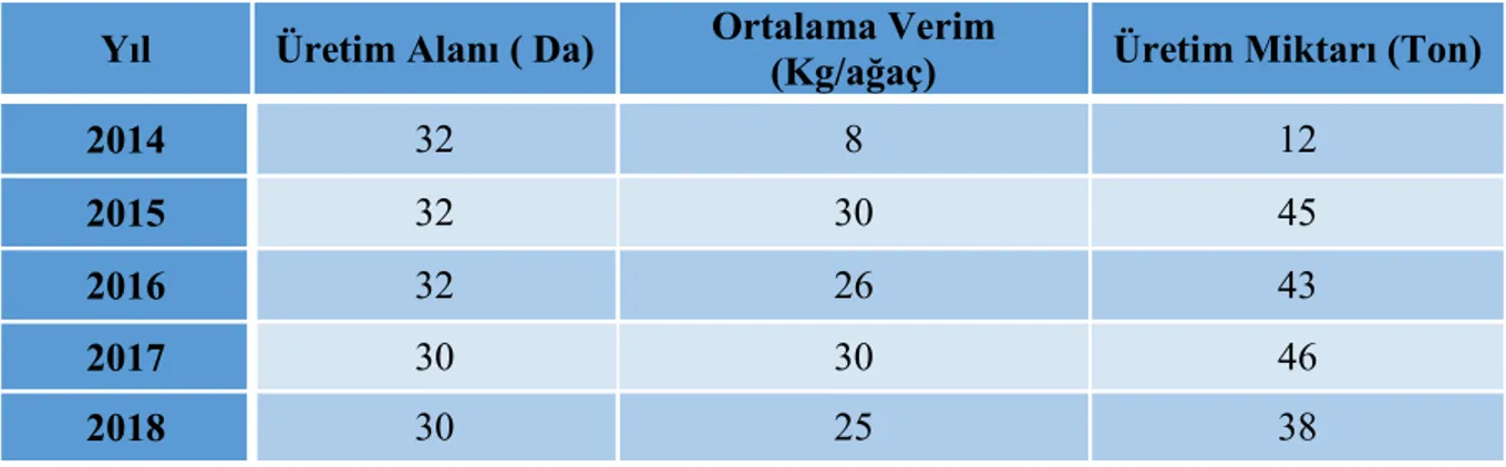 Çizelge 5.5. Kastamonu İli Çatalzeytin İlçesi Kivi Üretim Alanı ve Miktarı ( TÜİK 2018 )  Yıl  Üretim Alanı ( Da)  Ortalama Verim  (Kg/ağaç)  Üretim Miktarı (Ton) 