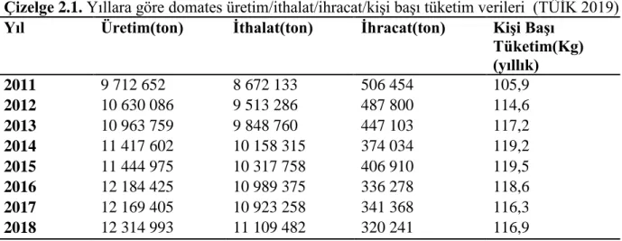 Çizelge 2.1. Yıllara göre domates üretim/ithalat/ihracat/kiĢi baĢı tüketim verileri  (TÜĠK 2019)  Yıl  Üretim(ton)  Ġthalat(ton)  Ġhracat(ton)  KiĢi BaĢı 