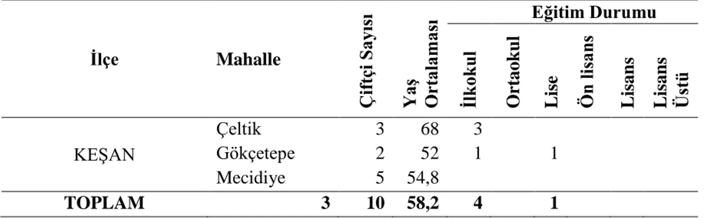 Çizelge 6.2 Edirne ilinde ankete katılan üreticilerin yaş ve eğitim durumları  