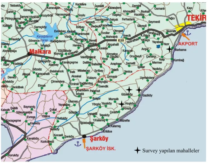 Şekil 3.1. Tekirdağ ili üzüm üretimi yapılan bölgelerdeki survey alanları (Anonim 2018j)  Survey yapılan mahalleler 