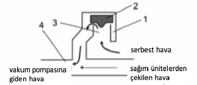 Şekil 1.3. Süt sağım sistemlerinde kullanılan vakum regülatörün şematik şekli; (1) gövde, (2)  ağırlık, (3) serbest hava giriş açıklığı, (4) ana vakum hattı (Roşça ve ark
