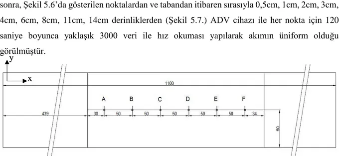 Şekil 5.6. Boş kanalda hız okuması yapılan noktalar (Ölçüler cm olarak verilmiştir). 